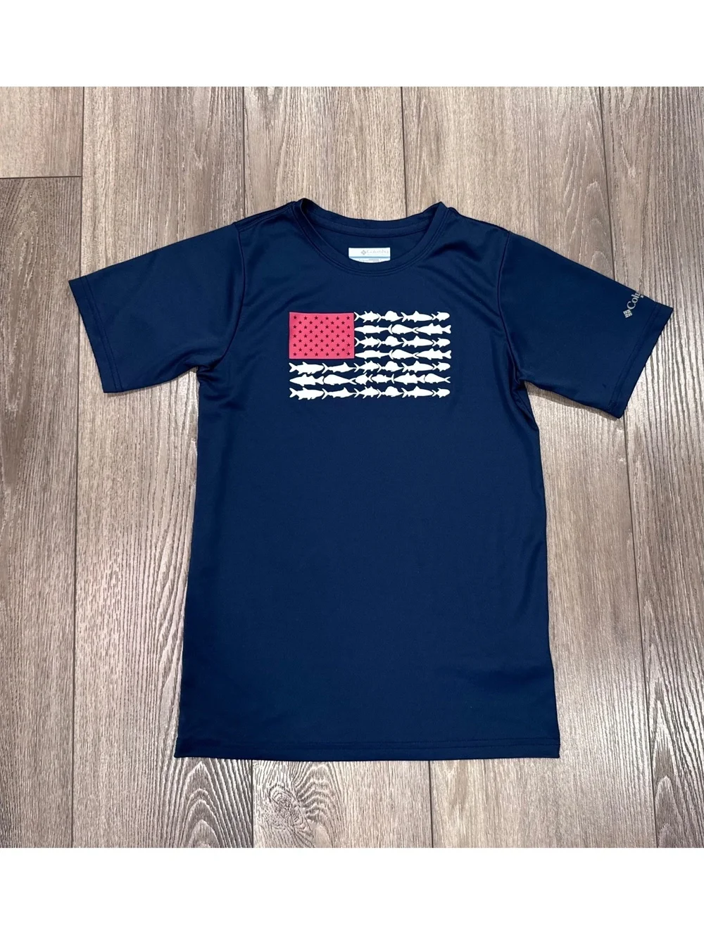 Columbia Navy Blue Short Sleeve Fish Flag Graphic T-Shirt Size Medium
